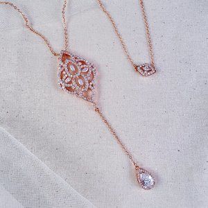 "Emily" Rosegold Ornate Drop Necklace: Great For Backless Tops